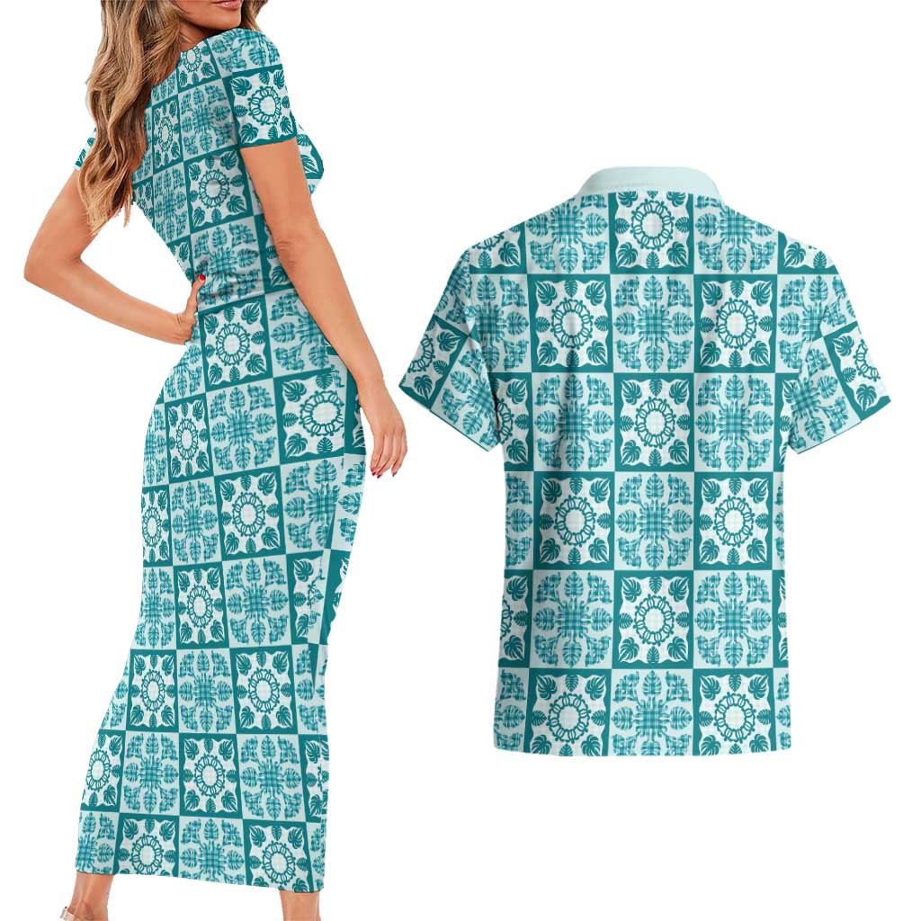 Cyan Palaka Quilt Hawaii Couples Matching Short Sleeve Bodycon Dress and Hawaiian Shirt Hawaiian Tropical Monstera Sea Turtle