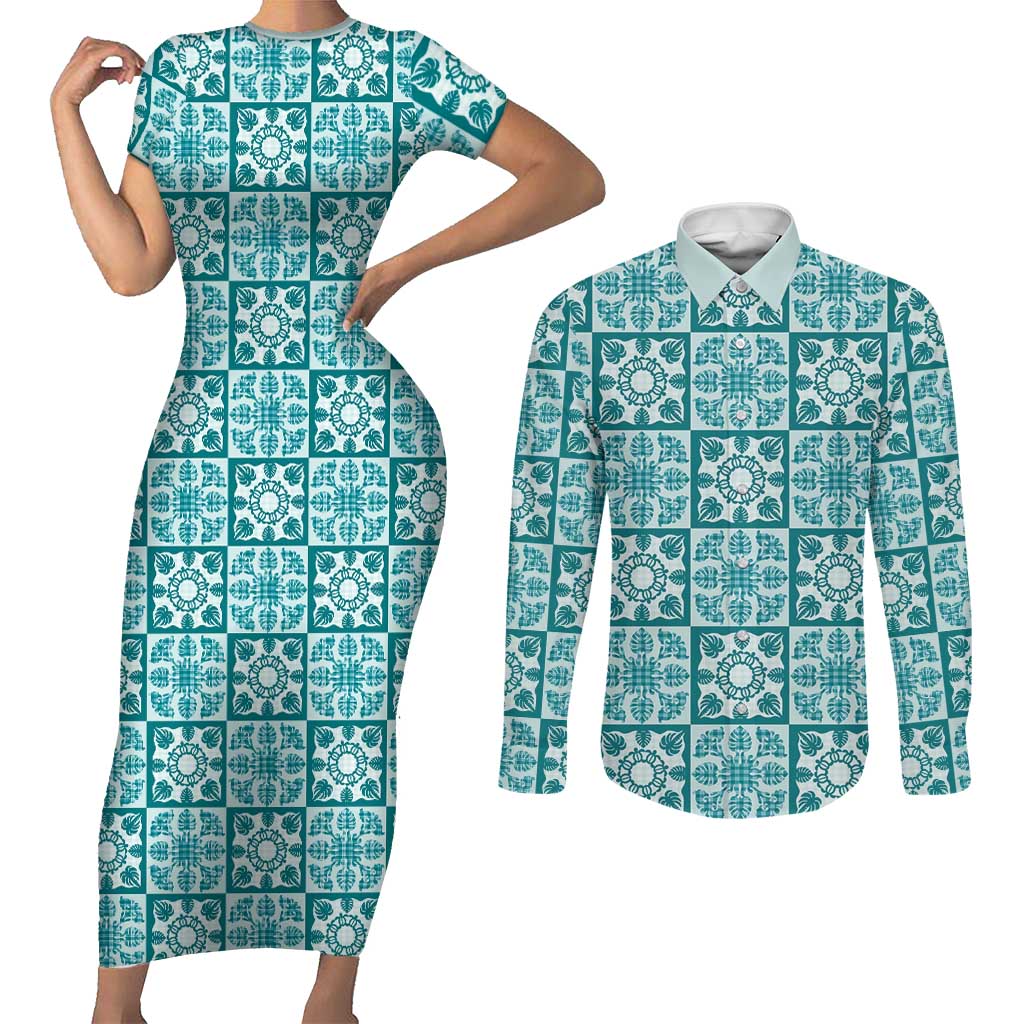 Cyan Palaka Quilt Hawaii Couples Matching Short Sleeve Bodycon Dress and Long Sleeve Button Shirt Hawaiian Tropical Monstera Sea Turtle