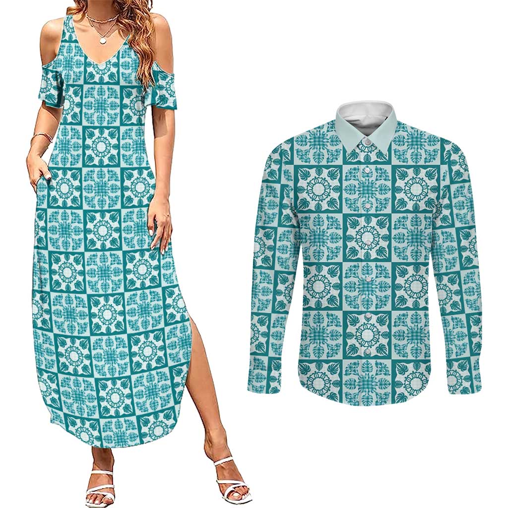Cyan Palaka Quilt Hawaii Couples Matching Summer Maxi Dress and Long Sleeve Button Shirt Hawaiian Tropical Monstera Sea Turtle