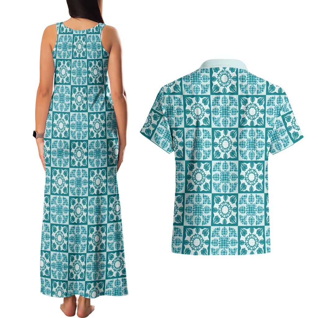 Cyan Palaka Quilt Hawaii Couples Matching Tank Maxi Dress and Hawaiian Shirt Hawaiian Tropical Monstera Sea Turtle
