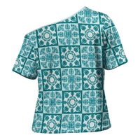 Cyan Palaka Quilt Hawaii Cross Shoulder Shirt Hawaiian Tropical Monstera Sea Turtle
