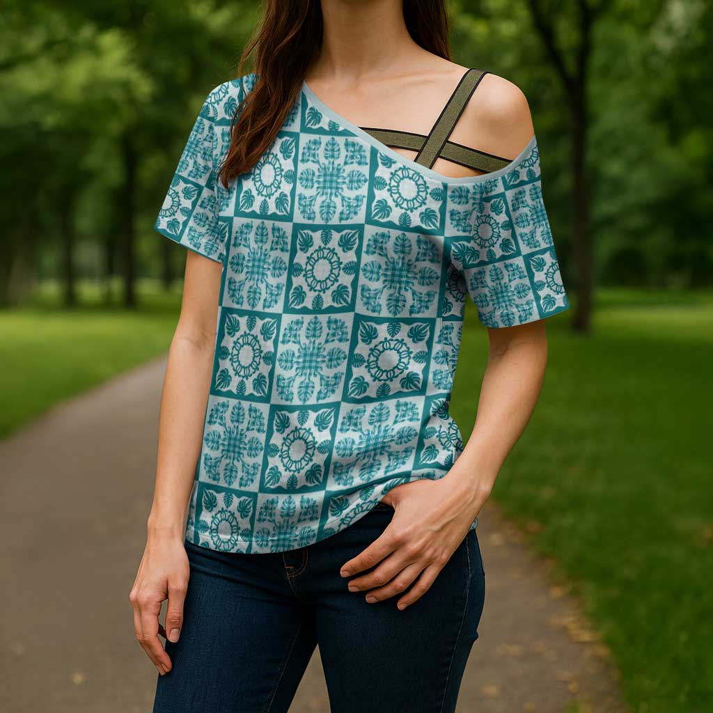 Cyan Palaka Quilt Hawaii Cross Shoulder Shirt Hawaiian Tropical Monstera Sea Turtle