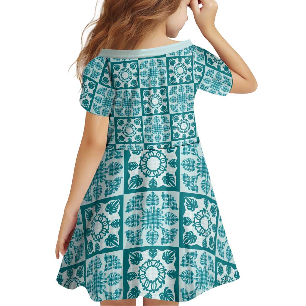 Cyan Palaka Quilt Hawaii Family Matching Long Sleeve Bodycon Dress and Hawaiian Shirt Hawaiian Tropical Monstera Sea Turtle