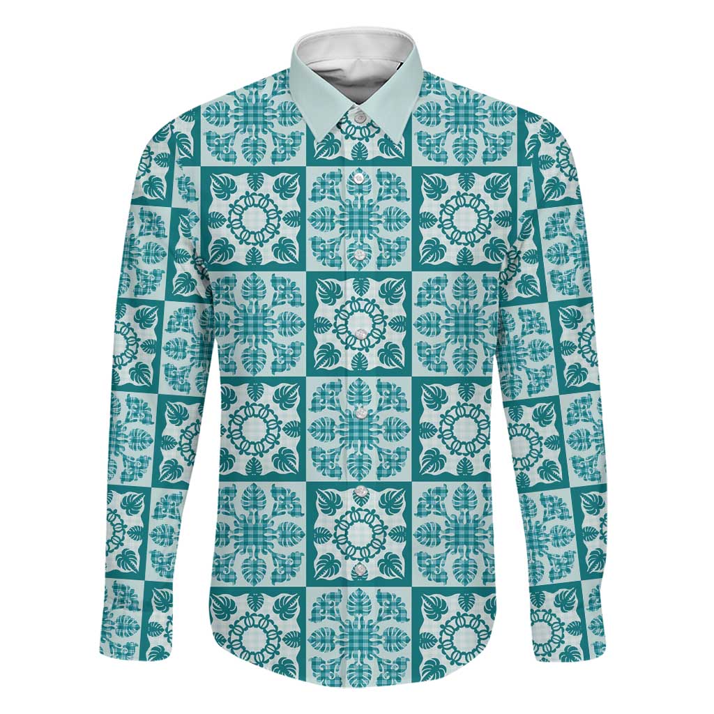 Cyan Palaka Quilt Hawaii Family Matching Long Sleeve Bodycon Dress and Hawaiian Shirt Hawaiian Tropical Monstera Sea Turtle