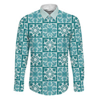 Cyan Palaka Quilt Hawaii Family Matching Long Sleeve Bodycon Dress and Hawaiian Shirt Hawaiian Tropical Monstera Sea Turtle