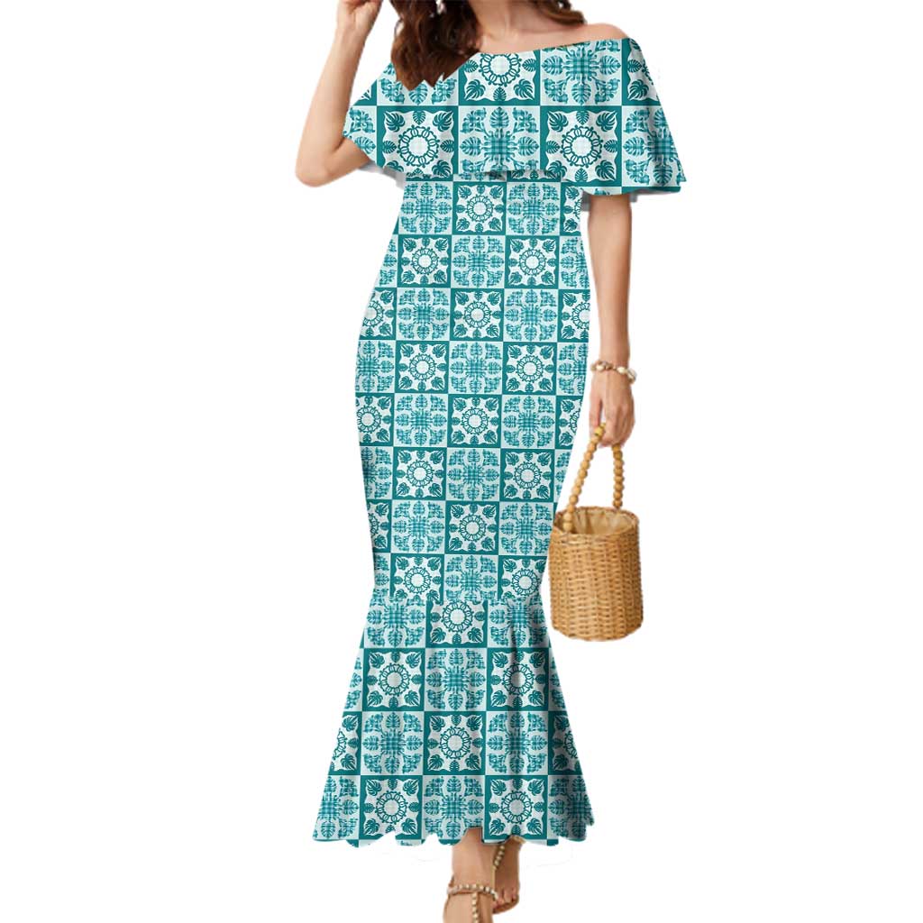 Cyan Palaka Quilt Hawaii Family Matching Mermaid Dress and Hawaiian Shirt Hawaiian Tropical Monstera Sea Turtle