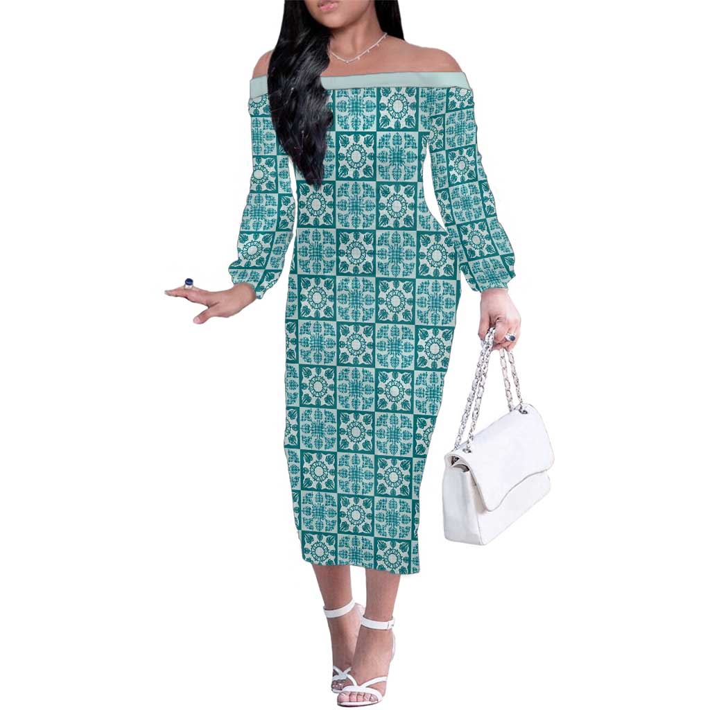 Cyan Palaka Quilt Hawaii Family Matching Off The Shoulder Long Sleeve Dress and Hawaiian Shirt Hawaiian Tropical Monstera Sea Turtle