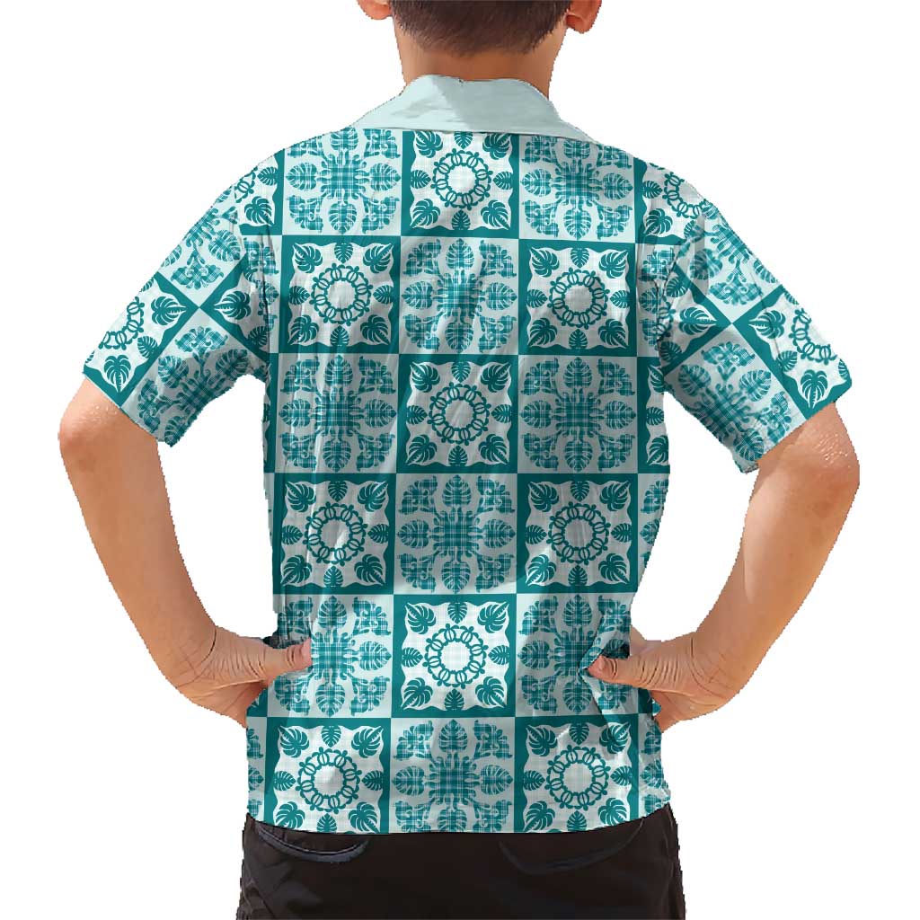 Cyan Palaka Quilt Hawaii Family Matching Off Shoulder Maxi Dress and Hawaiian Shirt Hawaiian Tropical Monstera Sea Turtle