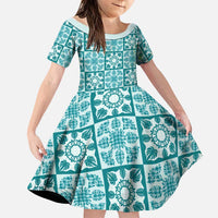 Cyan Palaka Quilt Hawaii Family Matching Off Shoulder Maxi Dress and Hawaiian Shirt Hawaiian Tropical Monstera Sea Turtle