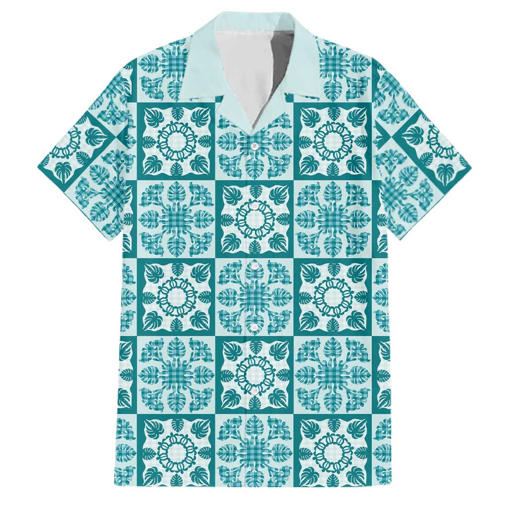 Cyan Palaka Quilt Hawaii Family Matching Off Shoulder Maxi Dress and Hawaiian Shirt Hawaiian Tropical Monstera Sea Turtle