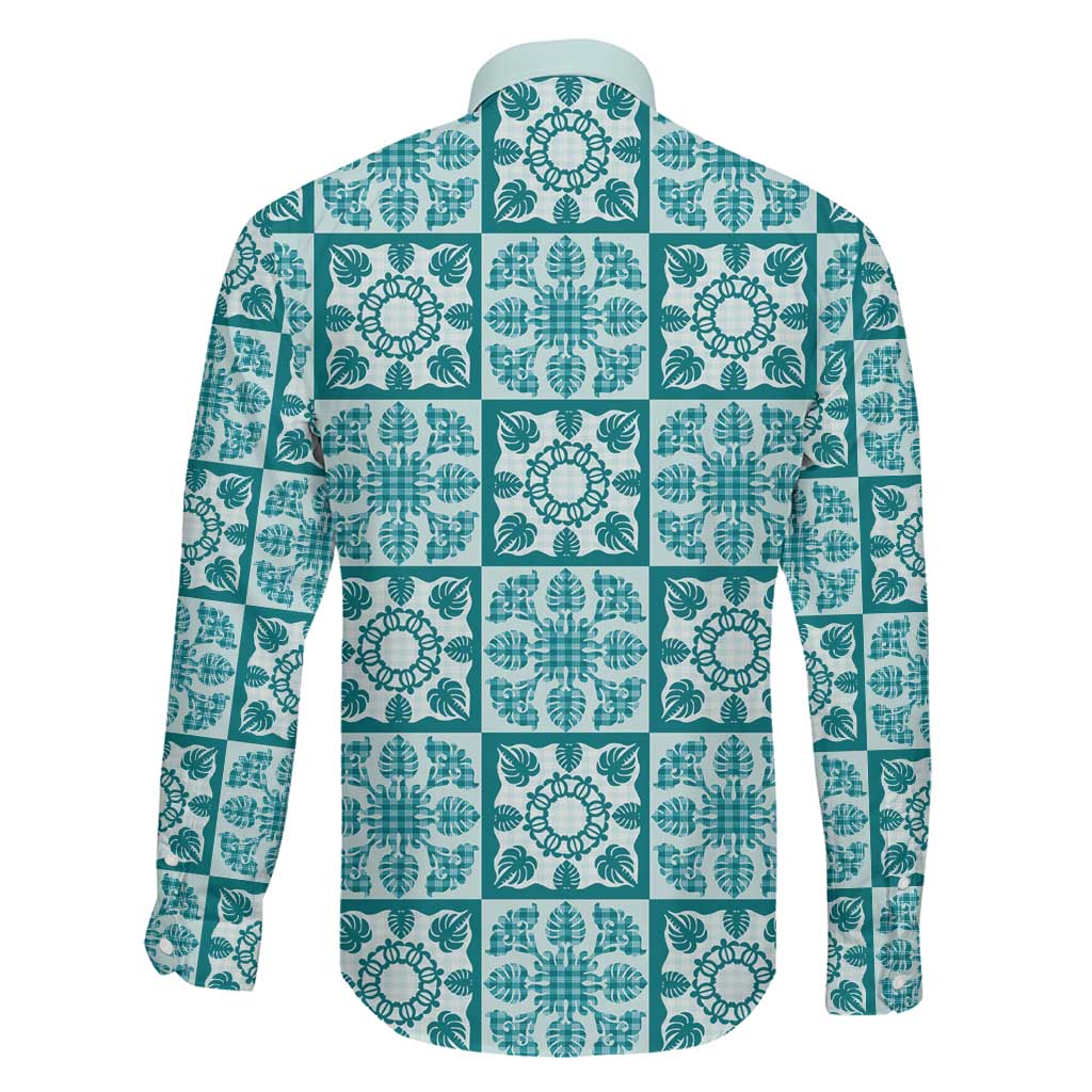 Cyan Palaka Quilt Hawaii Family Matching Off Shoulder Maxi Dress and Hawaiian Shirt Hawaiian Tropical Monstera Sea Turtle