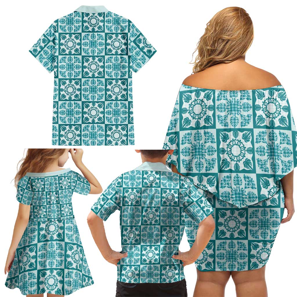 Cyan Palaka Quilt Hawaii Family Matching Off Shoulder Short Dress and Hawaiian Shirt Hawaiian Tropical Monstera Sea Turtle