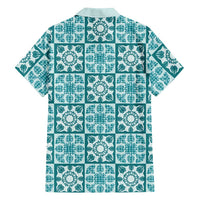 Cyan Palaka Quilt Hawaii Family Matching Off Shoulder Short Dress and Hawaiian Shirt Hawaiian Tropical Monstera Sea Turtle