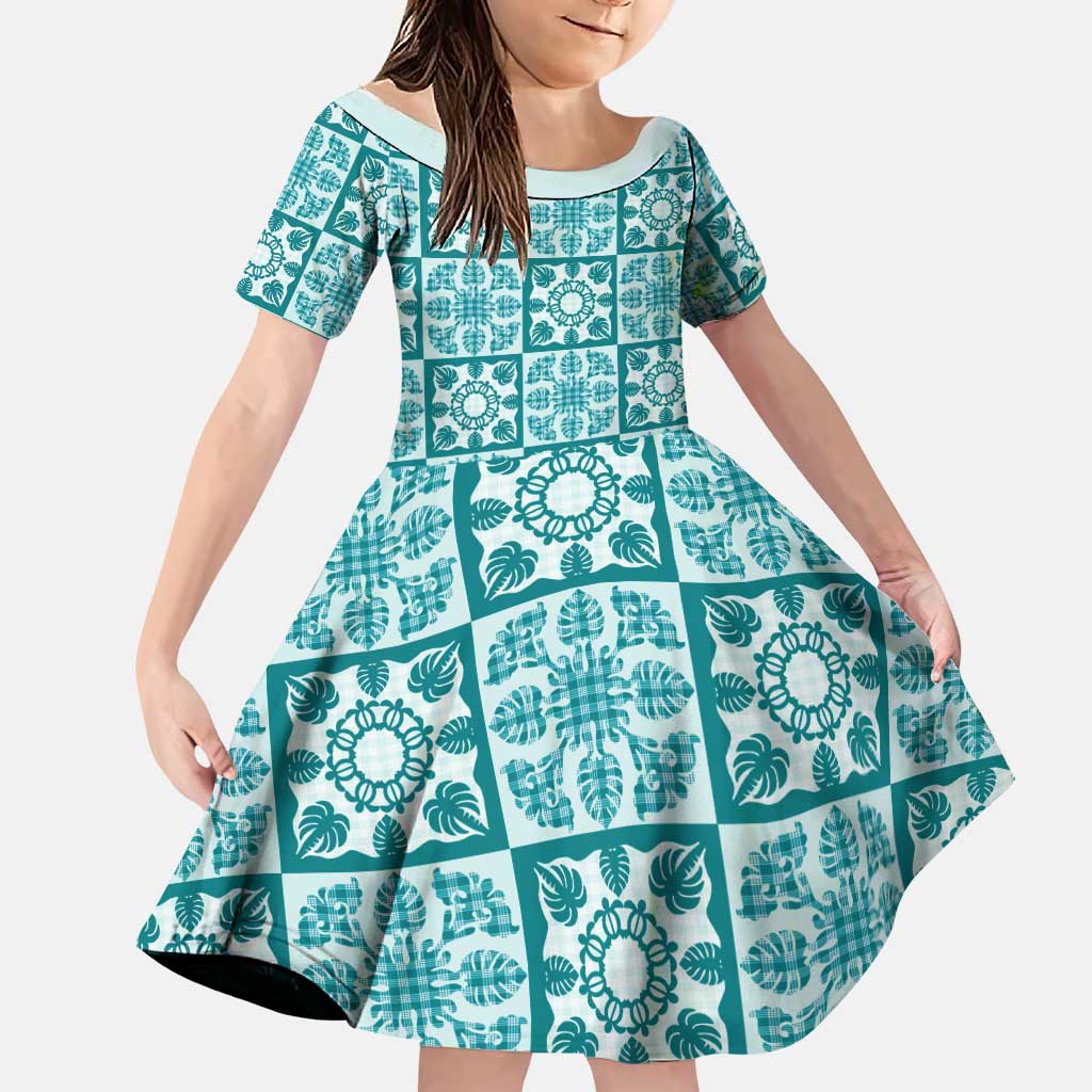 Cyan Palaka Quilt Hawaii Family Matching Puletasi and Hawaiian Shirt Hawaiian Tropical Monstera Sea Turtle
