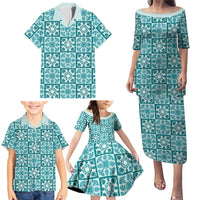 Cyan Palaka Quilt Hawaii Family Matching Puletasi and Hawaiian Shirt Hawaiian Tropical Monstera Sea Turtle
