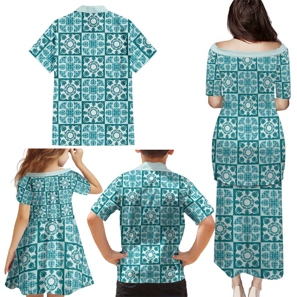Cyan Palaka Quilt Hawaii Family Matching Puletasi and Hawaiian Shirt Hawaiian Tropical Monstera Sea Turtle