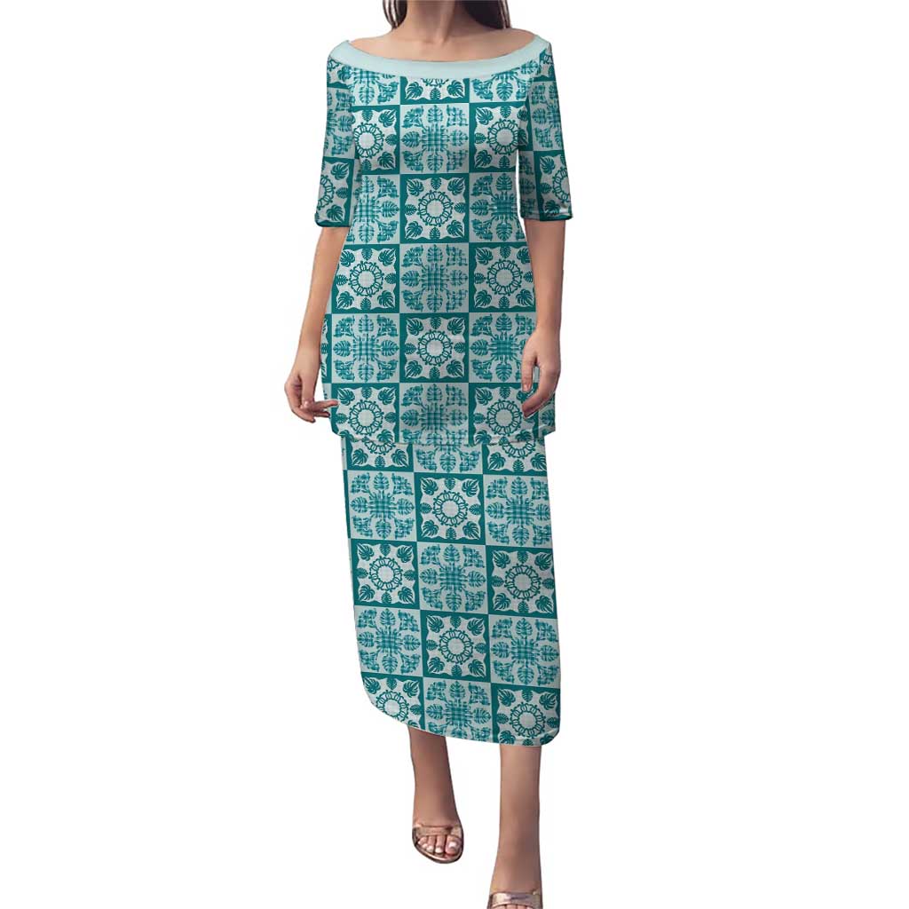 Cyan Palaka Quilt Hawaii Family Matching Puletasi and Hawaiian Shirt Hawaiian Tropical Monstera Sea Turtle