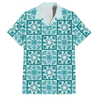 Cyan Palaka Quilt Hawaii Family Matching Short Sleeve Bodycon Dress and Hawaiian Shirt Hawaiian Tropical Monstera Sea Turtle