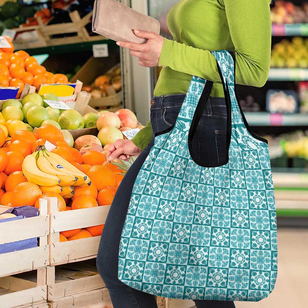 Cyan Palaka Quilt Hawaii Grocery Bag Hawaiian Tropical Monstera Sea Turtle