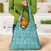 Cyan Palaka Quilt Hawaii Grocery Bag Hawaiian Tropical Monstera Sea Turtle