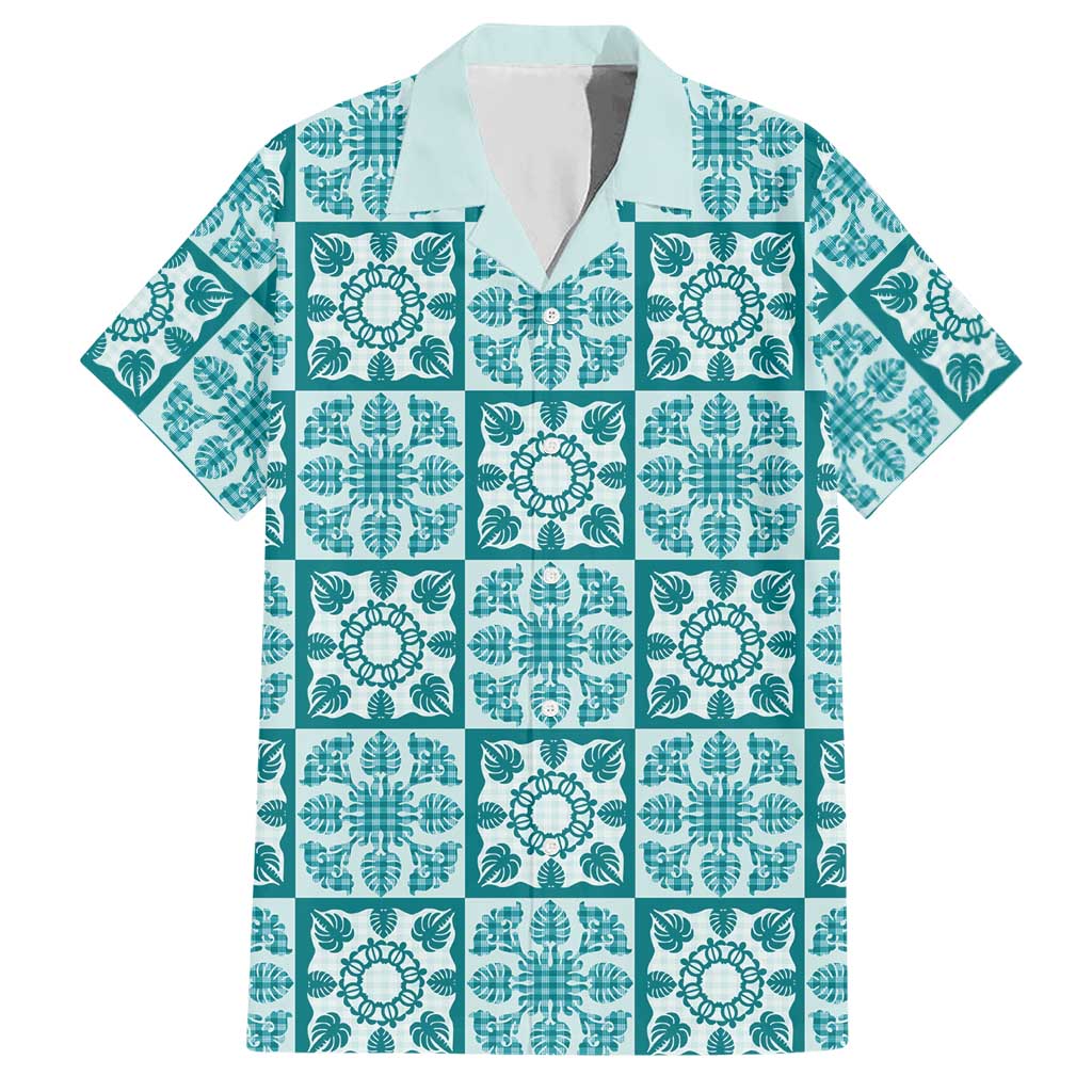 Cyan Palaka Quilt Hawaii Hawaiian Shirt Hawaiian Tropical Monstera Sea Turtle LT14 Cyan - Polynesian Pride