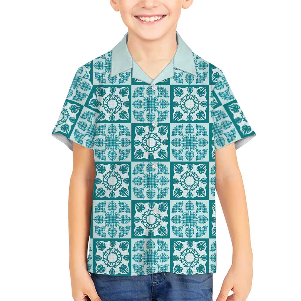 Cyan Palaka Quilt Hawaii Hawaiian Shirt Hawaiian Tropical Monstera Sea Turtle LT14 - Polynesian Pride