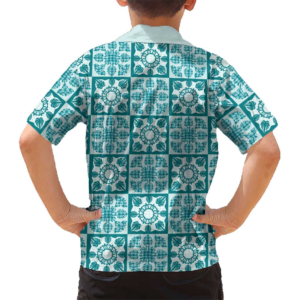Cyan Palaka Quilt Hawaii Hawaiian Shirt Hawaiian Tropical Monstera Sea Turtle LT14 - Polynesian Pride