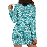 Cyan Palaka Quilt Hawaii Hoodie Dress Hawaiian Tropical Monstera Sea Turtle