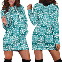 Cyan Palaka Quilt Hawaii Hoodie Dress Hawaiian Tropical Monstera Sea Turtle