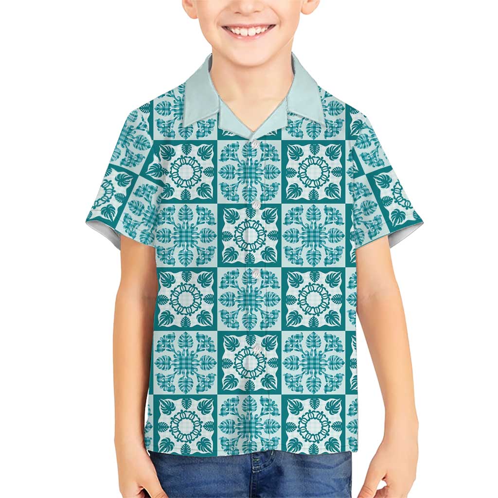 Cyan Palaka Quilt Hawaii Kid Hawaiian Shirt Hawaiian Tropical Monstera Sea Turtle