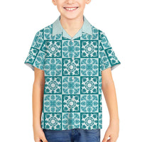 Cyan Palaka Quilt Hawaii Kid Hawaiian Shirt Hawaiian Tropical Monstera Sea Turtle