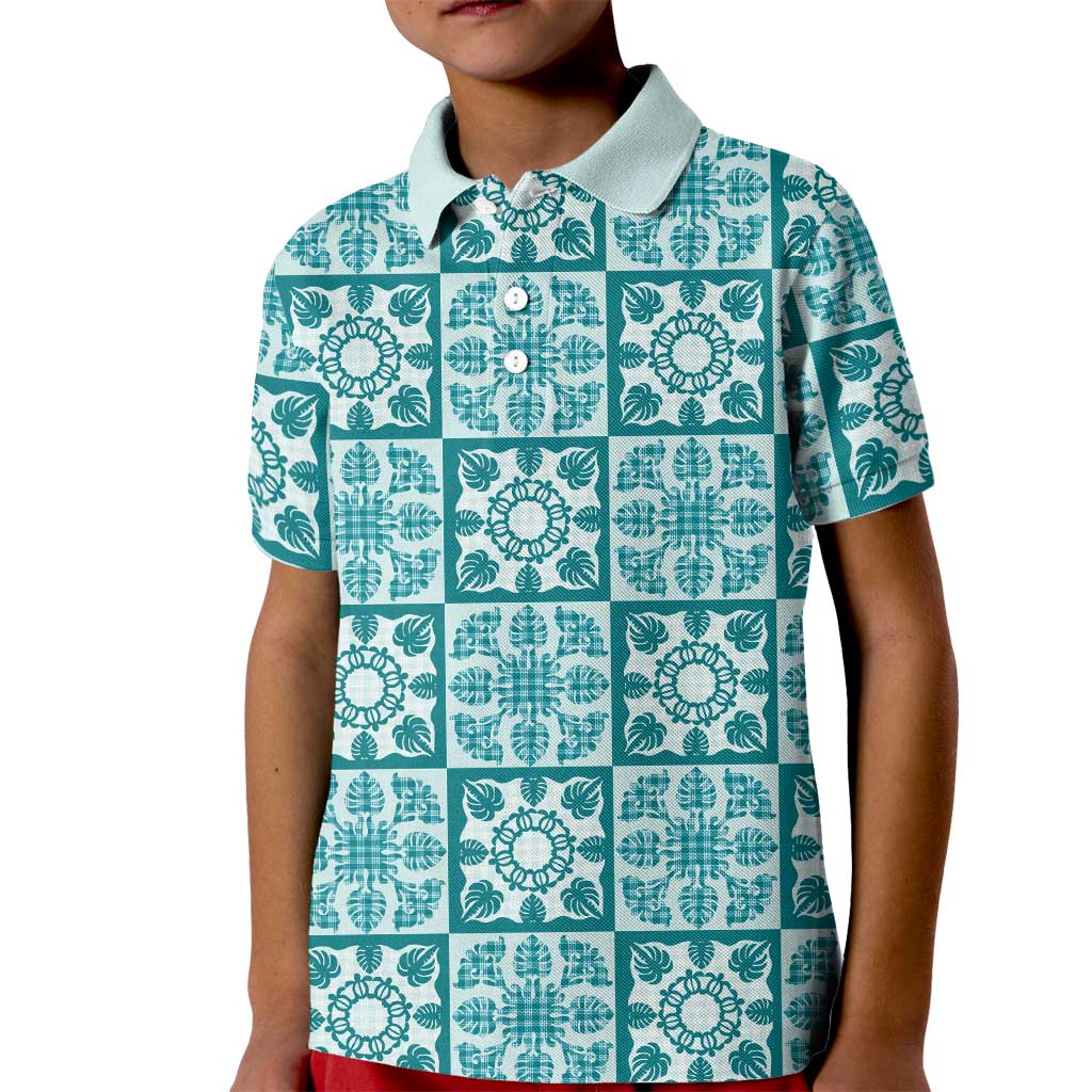 Cyan Palaka Quilt Hawaii Kid Polo Shirt Hawaiian Tropical Monstera Sea Turtle LT14 Kid Cyan - Polynesian Pride