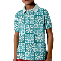 Cyan Palaka Quilt Hawaii Kid Polo Shirt Hawaiian Tropical Monstera Sea Turtle LT14 Kid Cyan - Polynesian Pride
