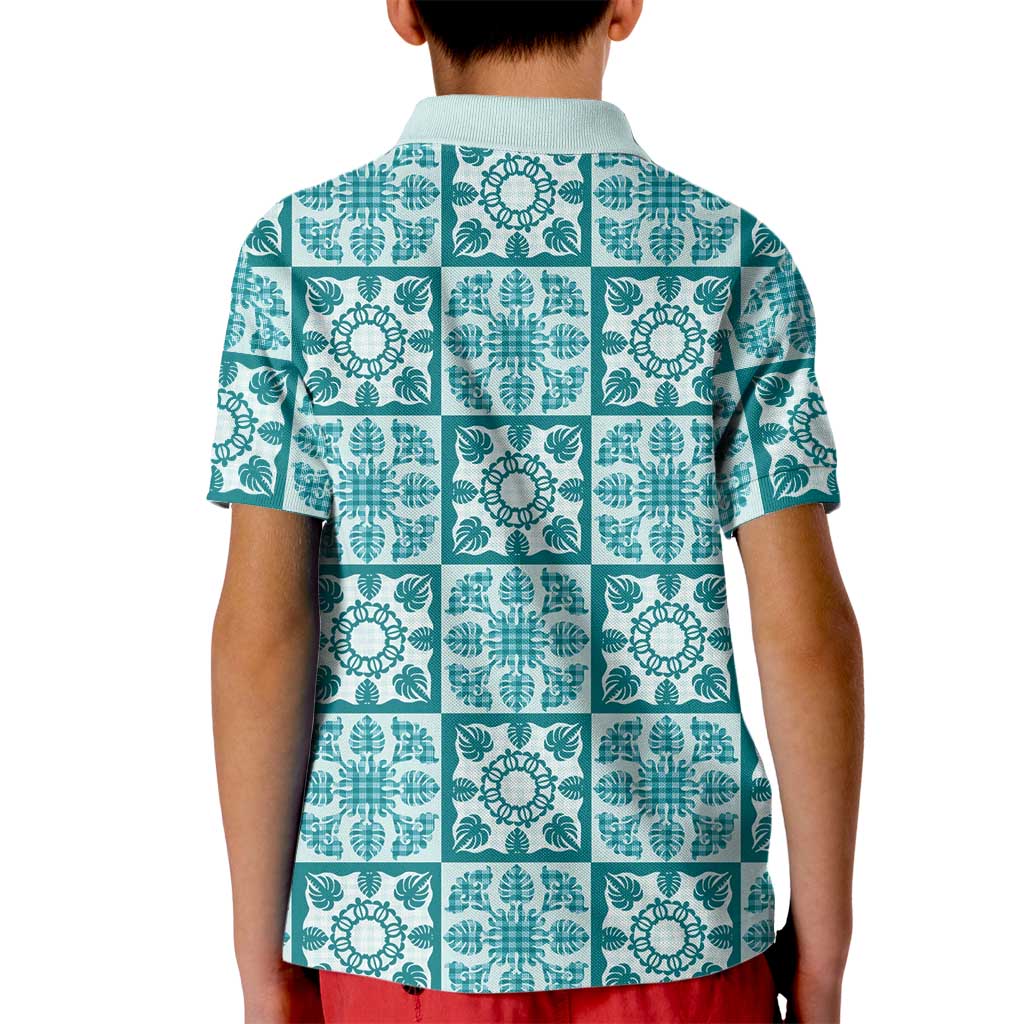 Cyan Palaka Quilt Hawaii Kid Polo Shirt Hawaiian Tropical Monstera Sea Turtle LT14 - Polynesian Pride