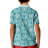Cyan Palaka Quilt Hawaii Kid Polo Shirt Hawaiian Tropical Monstera Sea Turtle LT14 - Polynesian Pride