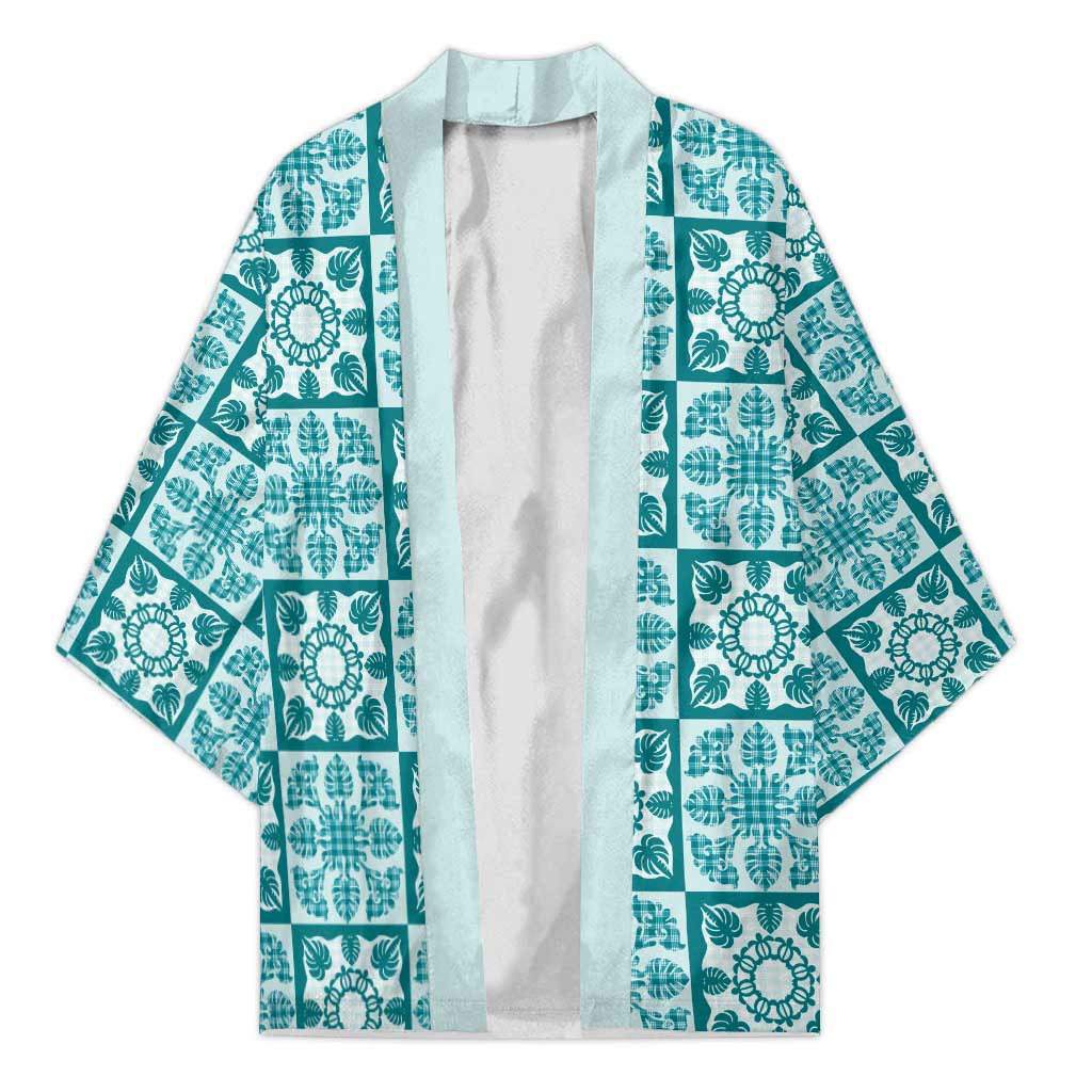 Cyan Palaka Quilt Hawaii Kimono Hawaiian Tropical Monstera Sea Turtle LT14 Unisex Cyan - Polynesian Pride