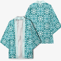 Cyan Palaka Quilt Hawaii Kimono Hawaiian Tropical Monstera Sea Turtle LT14 - Polynesian Pride