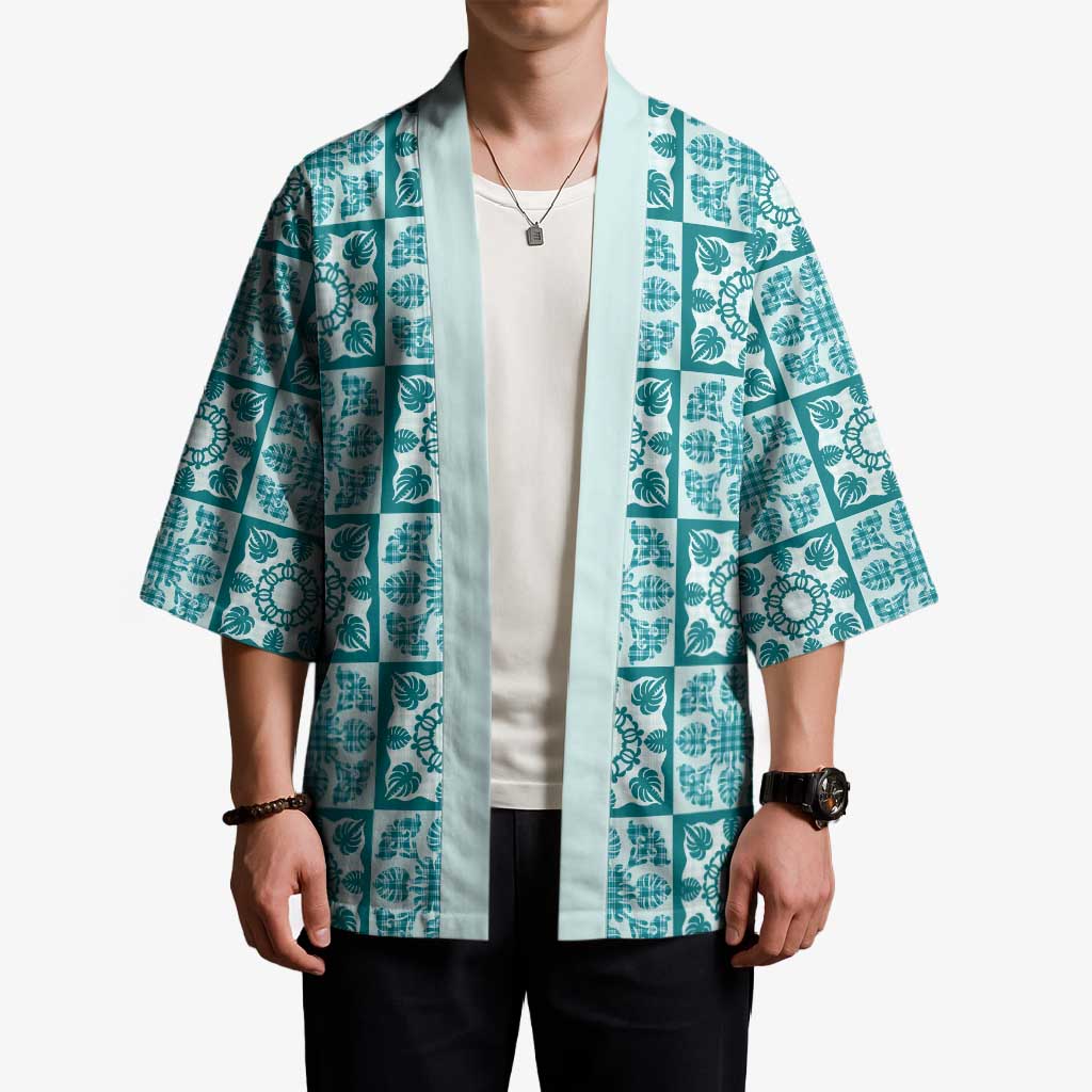 Cyan Palaka Quilt Hawaii Kimono Hawaiian Tropical Monstera Sea Turtle LT14 - Polynesian Pride