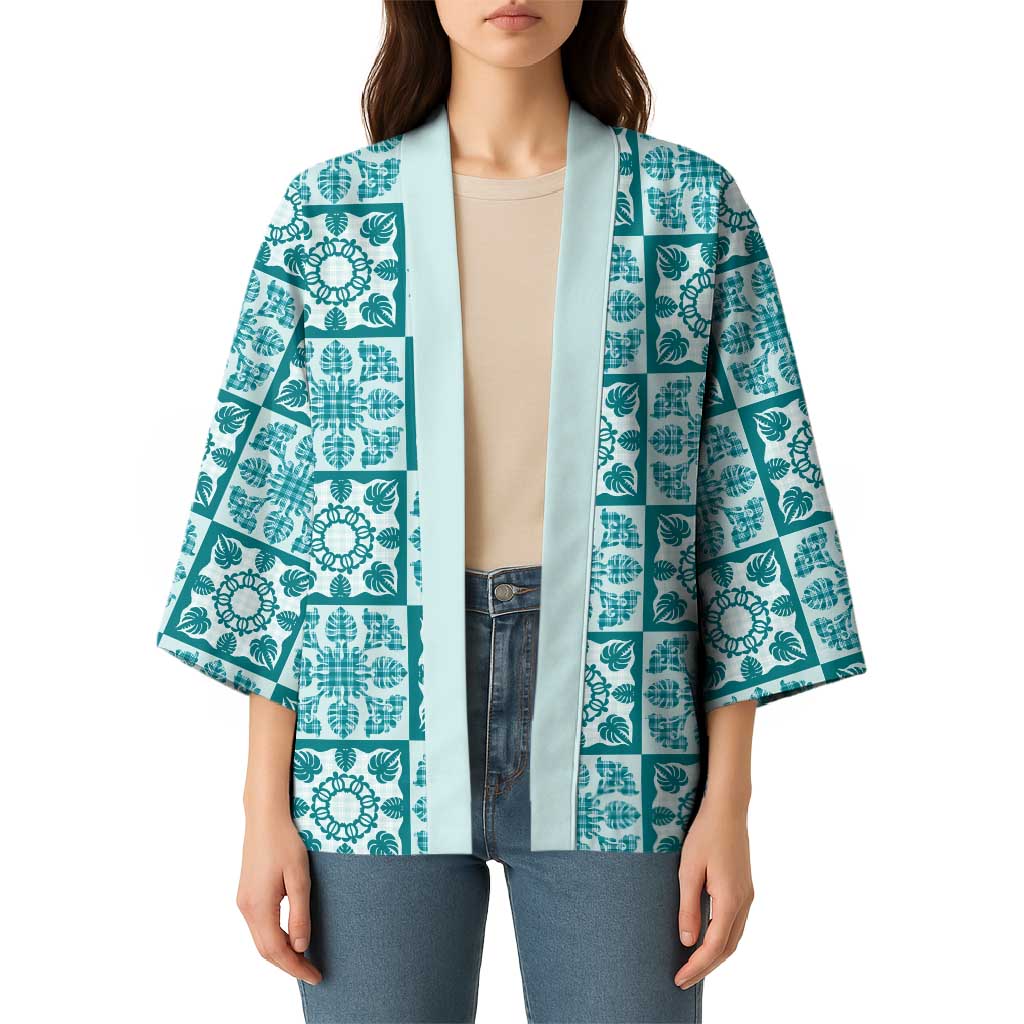 Cyan Palaka Quilt Hawaii Kimono Hawaiian Tropical Monstera Sea Turtle LT14 - Polynesian Pride