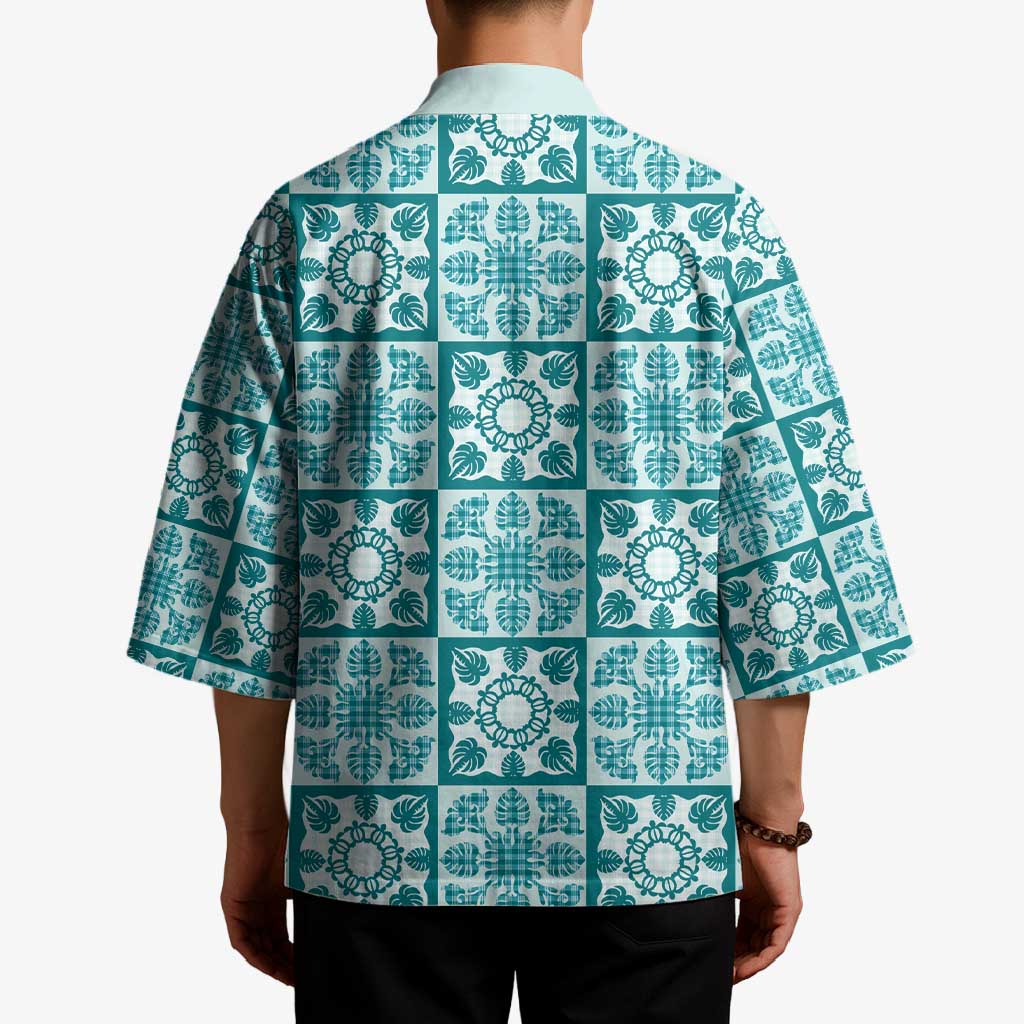 Cyan Palaka Quilt Hawaii Kimono Hawaiian Tropical Monstera Sea Turtle LT14 - Polynesian Pride