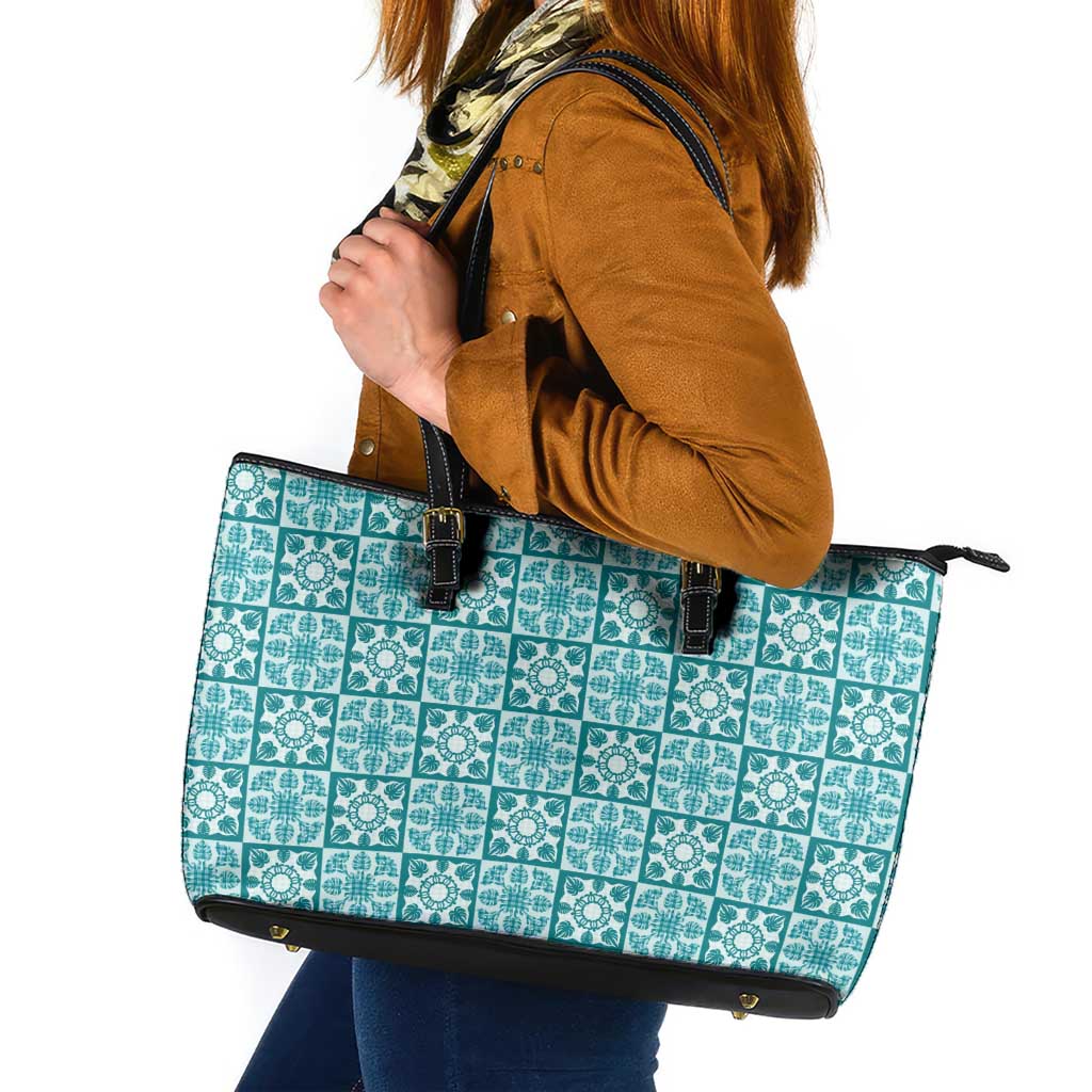 Cyan Palaka Quilt Hawaii Leather Tote Bag Hawaiian Tropical Monstera Sea Turtle