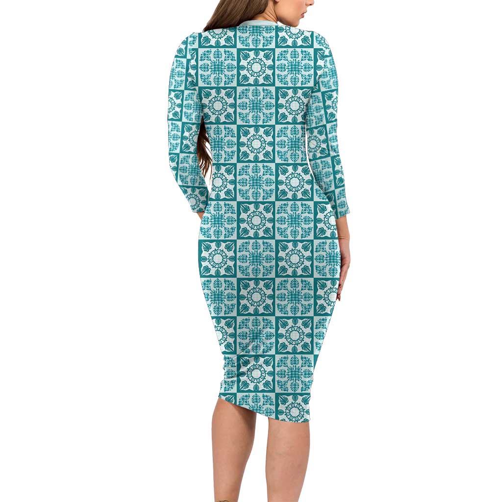 Cyan Palaka Quilt Hawaii Long Sleeve Bodycon Dress Hawaiian Tropical Monstera Sea Turtle