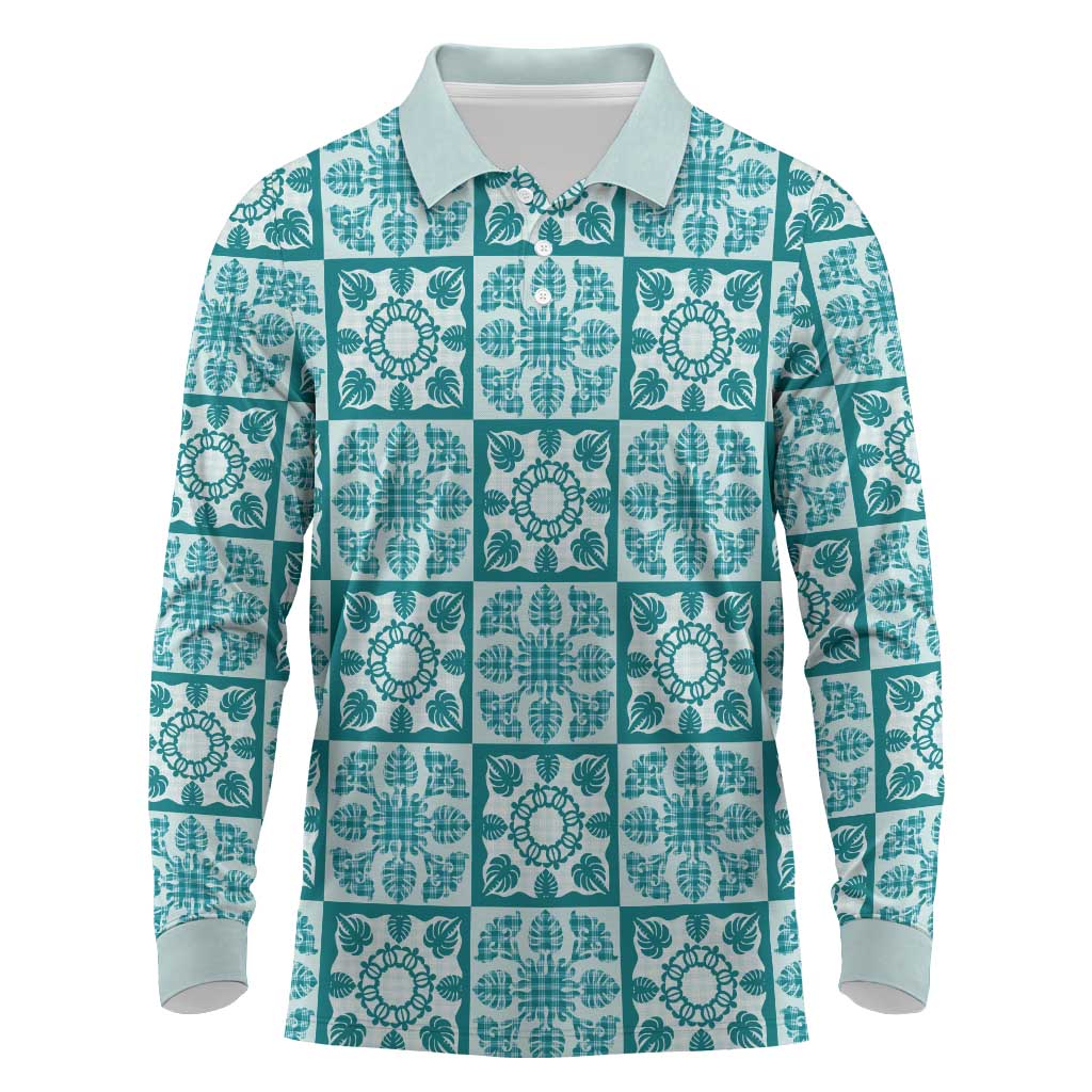 Cyan Palaka Quilt Hawaii Long Sleeve Polo Shirt Hawaiian Tropical Monstera Sea Turtle