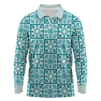 Cyan Palaka Quilt Hawaii Long Sleeve Polo Shirt Hawaiian Tropical Monstera Sea Turtle