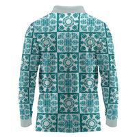 Cyan Palaka Quilt Hawaii Long Sleeve Polo Shirt Hawaiian Tropical Monstera Sea Turtle