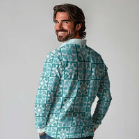 Cyan Palaka Quilt Hawaii Long Sleeve Polo Shirt Hawaiian Tropical Monstera Sea Turtle
