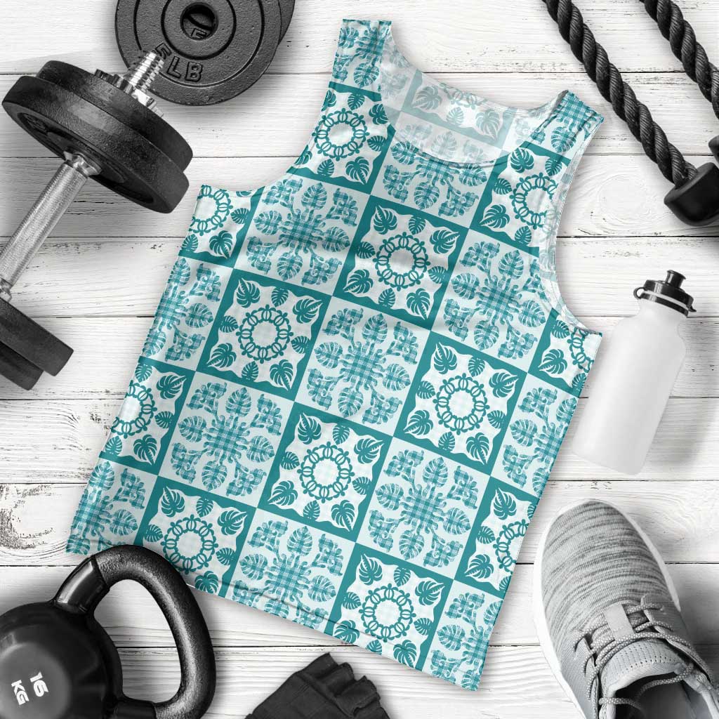 Cyan Palaka Quilt Hawaii Men Tank Top Hawaiian Tropical Monstera Sea Turtle