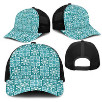 Cyan Palaka Quilt Hawaii Mesh Trucker Cap Hawaiian Tropical Monstera Sea Turtle