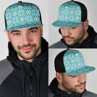 Cyan Palaka Quilt Hawaii Mesh Trucker Cap Hawaiian Tropical Monstera Sea Turtle