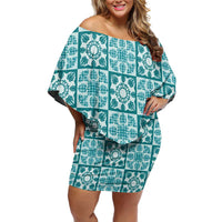 Cyan Palaka Quilt Hawaii Off Shoulder Short Dress Hawaiian Tropical Monstera Sea Turtle LT14 Women Cyan - Polynesian Pride